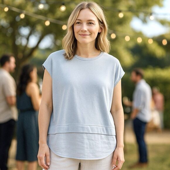 Lisa Bayne Short Sleeve Top Bamboo Cotton Baby Blue Designer Casual Luxury Sz S - Picture 1 of 15